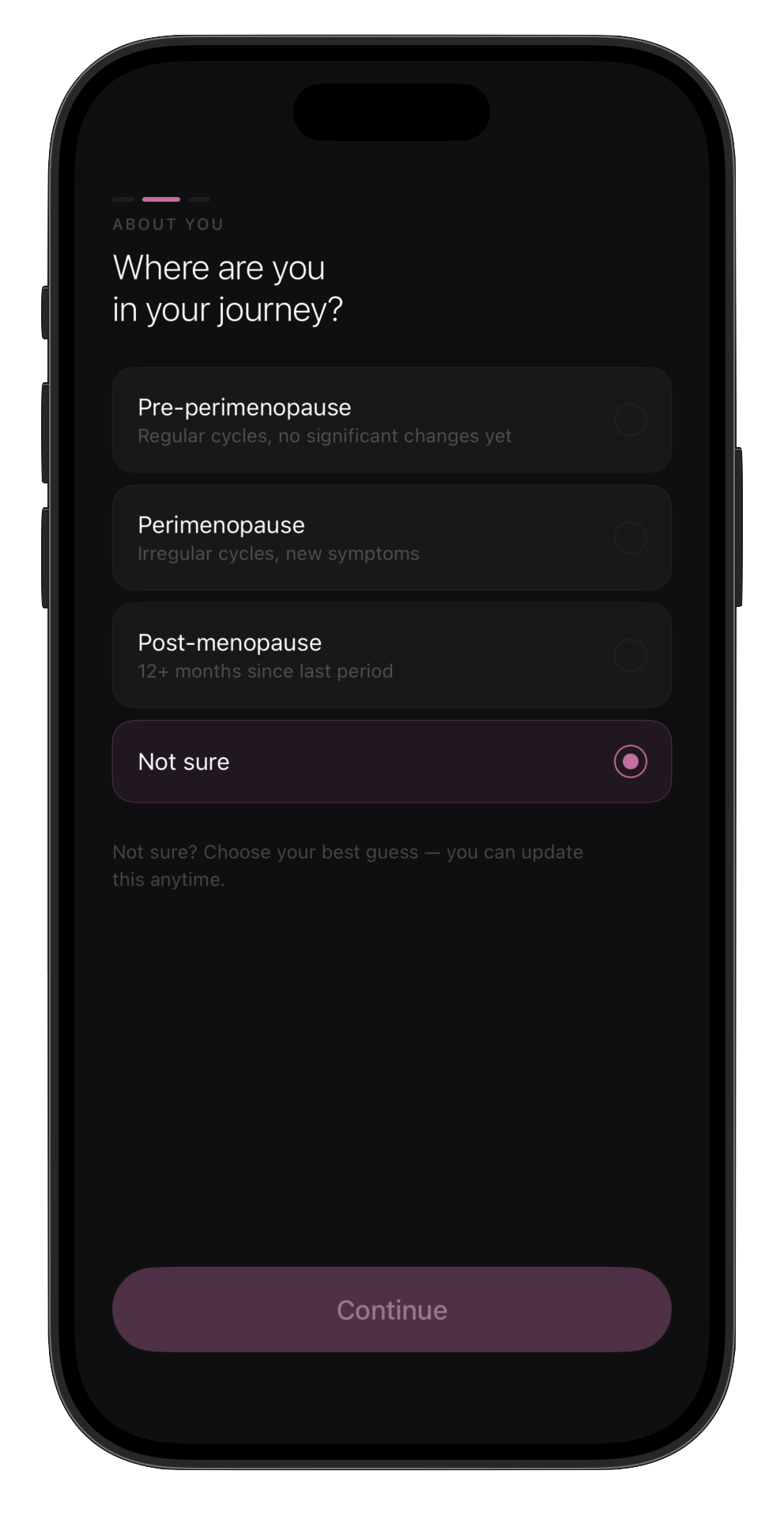 Nourava onboarding screen for choosing pre-perimenopause, perimenopause, post-menopause, or not sure